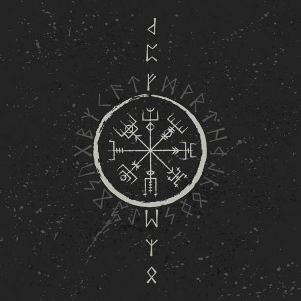 Abstract runic symbols background Grunge dark background with white ancient runic magic symbol runes stock illustrations