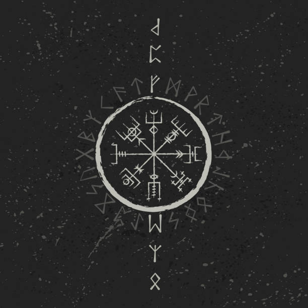 Abstract runic symbols background Grunge dark background with white ancient runic magic symbol runes stock illustrations