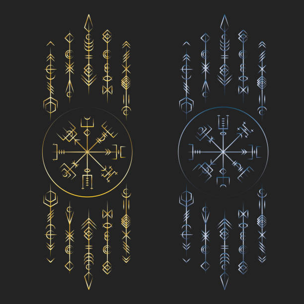 Dark runic symbols dreamer deco Golden and blue gradient colours old ancient magic runic symbols  isolated on black background runes stock illustrations
