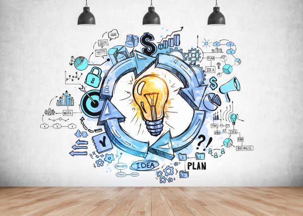 istock Colorful business idea sketch in concrete room 1266570632