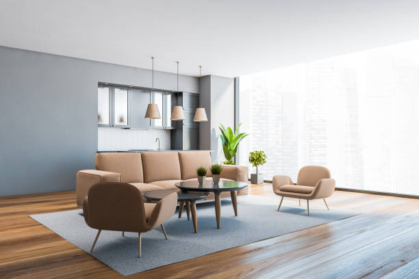 istock Grey living room and kitchen corner with sofa 1266573255