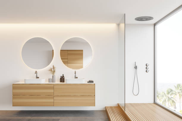 istock White and wooden bathroom, sink and shower 1266573329