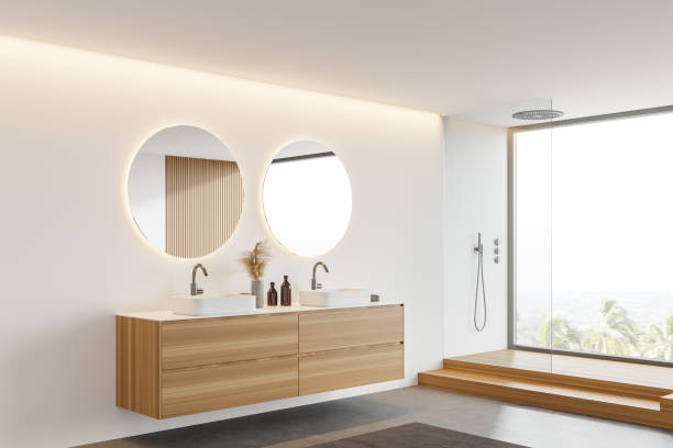 istock White and wood bathroom corner, sink and shower 1266573537