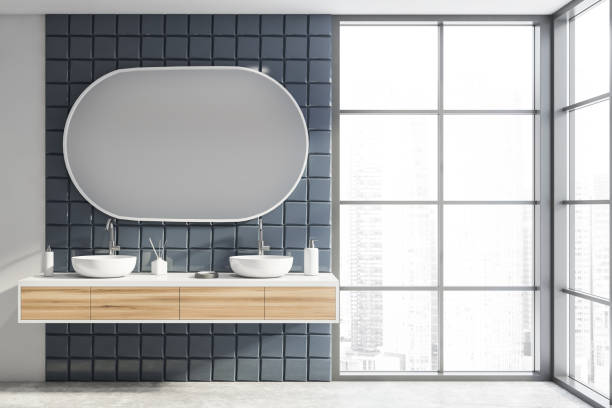 istock White and grey tile bathroom with double sink 1266574438