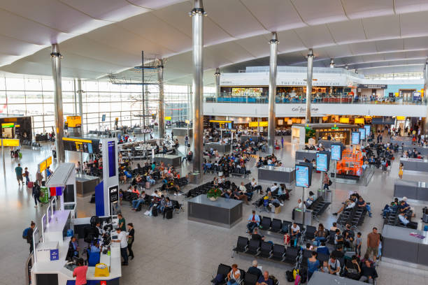 London Heathrow LHR Terminal 2 in the United Kingdom London, United Kingdom - August 1, 2018: Terminal 2 of London Heathrow airport (LHR) in the United Kingdom. heathrow airport stock pictures, royalty-free photos & images