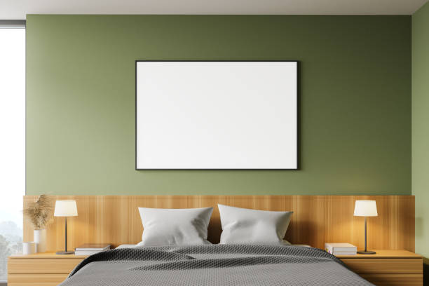 istock Green master bedroom with horizontal poster 1266574573