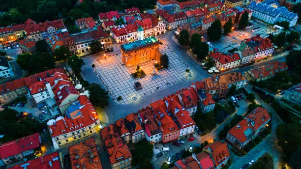 Aerial Skyline Panorama of Sandomierz Old City, Poland. Old Town with Market Square, Gothic City Hall. Drone View.