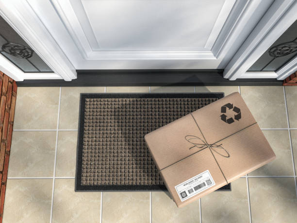 Express delivery, e-commerce online purchase concept. Parcel box on mat near front door. Express delivery, e-commerce online purchase concept. Parcel box on mat near front door. 3d illustration porch stock pictures, royalty-free photos & images