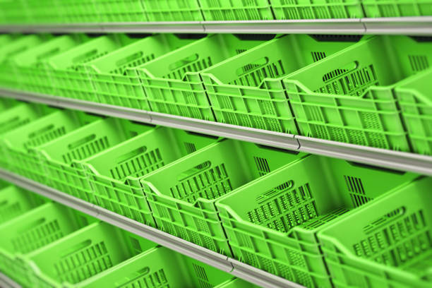 Plastic vegetable and fruit crates in a row on supermarket shelves. 3d illustration