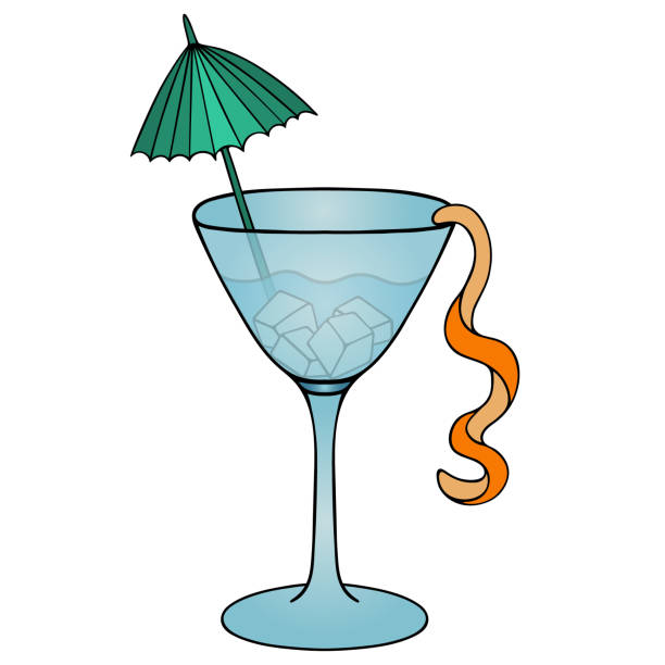 アイスキューブを持つマティーニ。さわやかなカクテル。ベクターの図。孤立した白い背景。漫画のスタイル。オレンジピールと傘の装飾。アルコール飲料入りのグラス。軽い前立ち。ドリ� - drink umbrella cocktail glass isolated点のイラスト素材／クリップアート素材／マンガ素材／アイコン素材