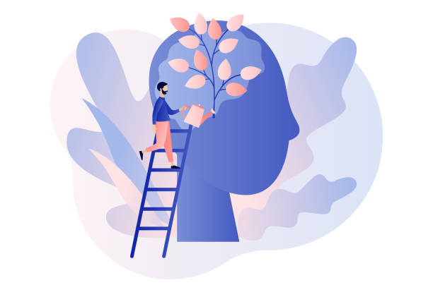 Personal growth. Tiny man watering that growing plant from the brain as metaphor growth personality. Self-improvement and self development concept. Modern flat cartoon style. Vector illustration Personal growth. Tiny man watering that growing plant from the brain as metaphor growth personality. Self-improvement and self development concept. Modern flat cartoon style. Vector human brain illustrations stock illustrations