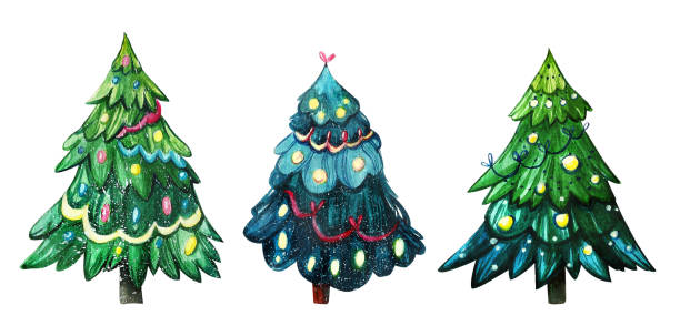 istock Watercolor illustration with three Christmas trees decorated with Christmas toys. 1266582114