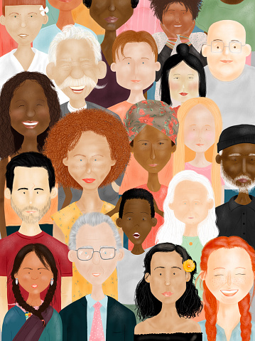Illustration of peopleâs faces: men, woman, young and elderly of different races, ethnicities, colors, nations and religions - Social Diversity Concept