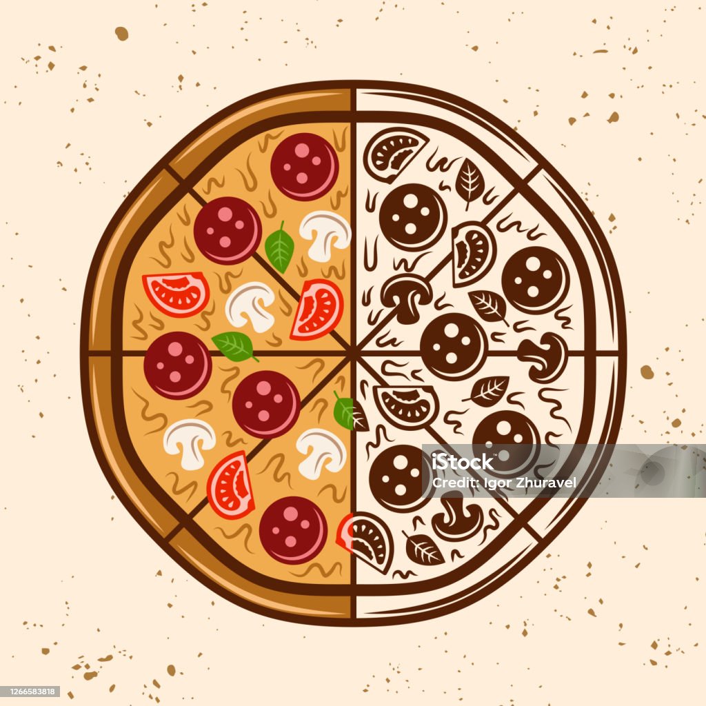 Pizza Tròn Hai Nửa Trong Hai Phong Cách Hoạt Hình Màu Và Đen Và ...
