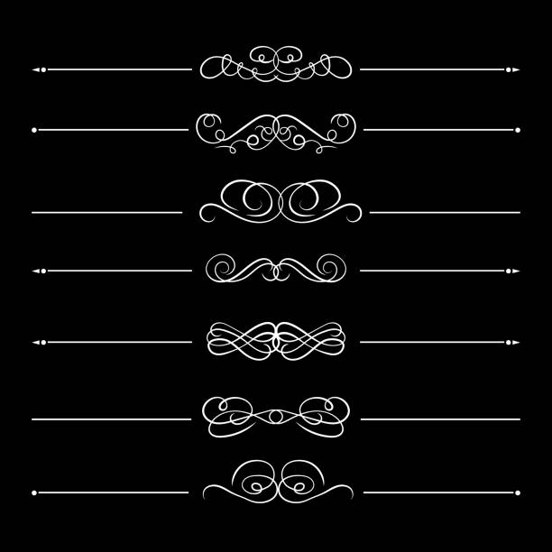 서예 칸막이 라인의 벡터 세트, 검은 배경에 고립 된 흰색 디자인 요소, 번성 장식 라인. - corner arc frame swirl stock illustrations