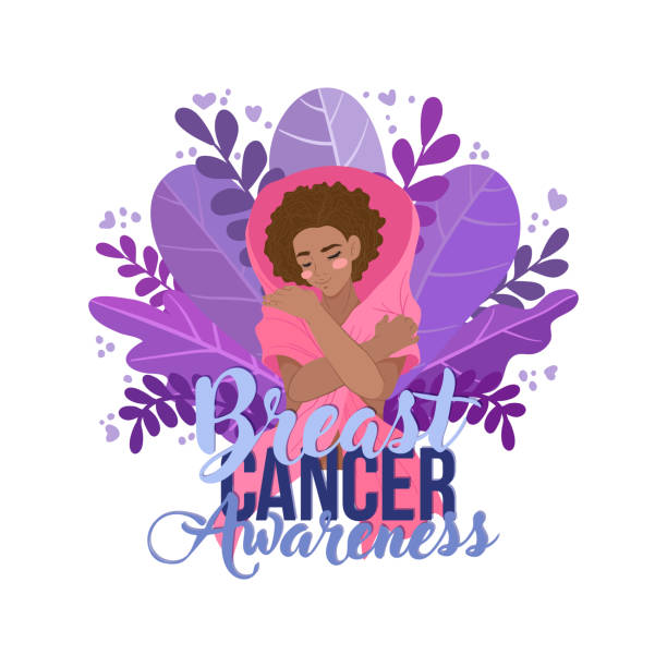 рак молочной железы осведомленности месяц концепции. афро-американская женщина обнимает себя с раком молочной железы осведомленности роз� - осведомленность о раке молочной железы иллюстрации stock illustrations