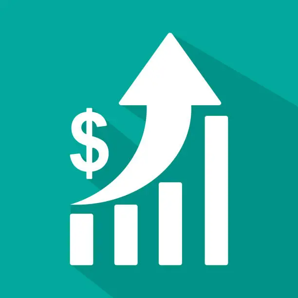 Vector illustration of Vector icon of growing bar chart with arrow and dollar sign