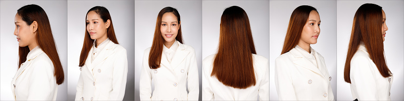 Half Body Portrait of 20s Asian Woman hair shirt. Girl turns 360 around rear side back view many poses over white gray Background isolated