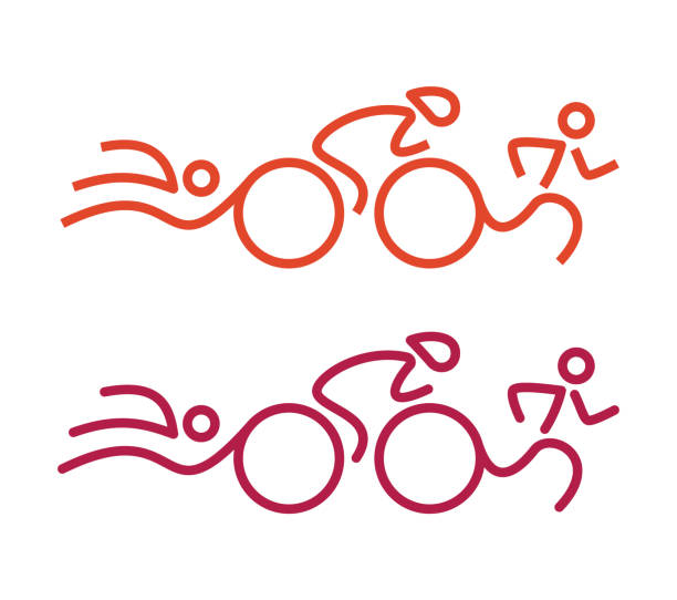 ilustraciones, imágenes clip art, dibujos animados e iconos de stock de logotipo de triatlón como siluetas de hombre - natación, montar a caballo, correr. - triathlon