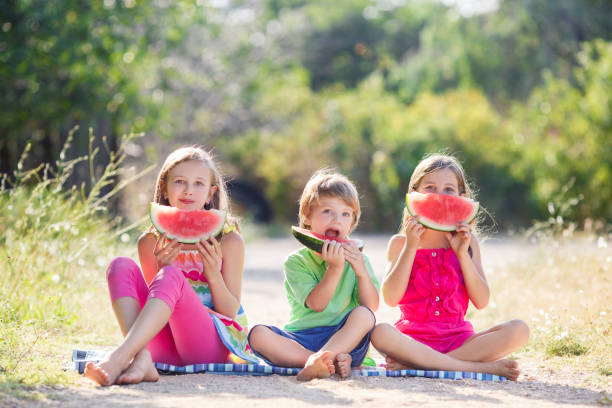 istock Three happy smiling child eating watermelon in park. 1266585920