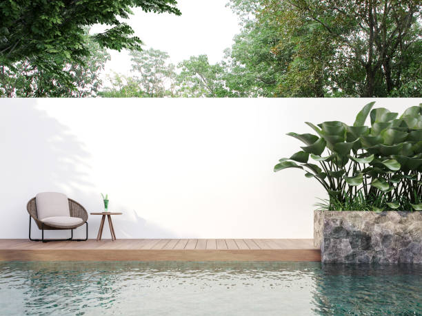 Modern style swimmimg pool terrace with blank wall for copy space 3d render