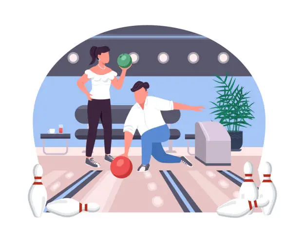 Vector illustration of Couple in bowling alley 2D vector web banner, poster