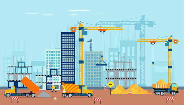 vektor einer baustelle mit maschinenbau eines hochhaus-apartmentkomplexes - construction built structure building exterior construction site stock-grafiken, -clipart, -cartoons und -symbole