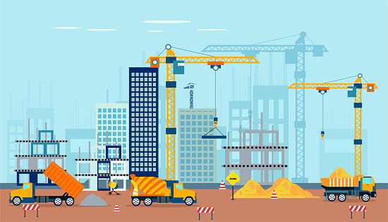 Vector of a construction site with machinery building a high rise apartment or office complex