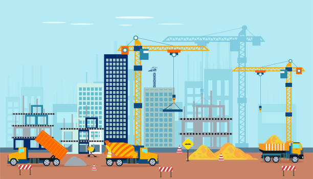 Vector of a construction site with machinery building a high rise apartment complex Vector of a construction site with machinery building a high rise apartment or office complex construction industry illustrations stock illustrations