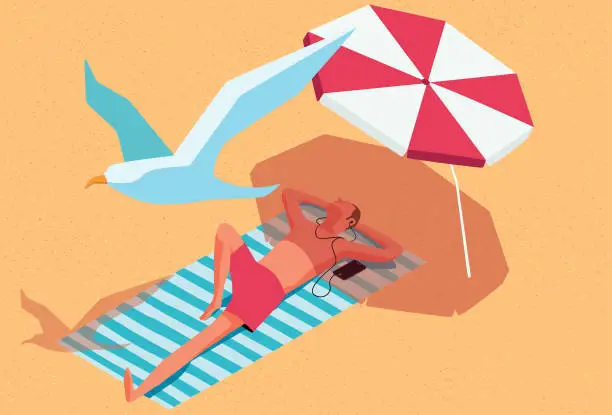 Vector illustration of Man sunbathing on the beach under an umbrella