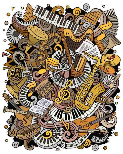 ilustraciones, imágenes clip art, dibujos animados e iconos de stock de dibujos animados vector doodles ilustración de música clásica. imagen musical de colores brillantes - blues harp