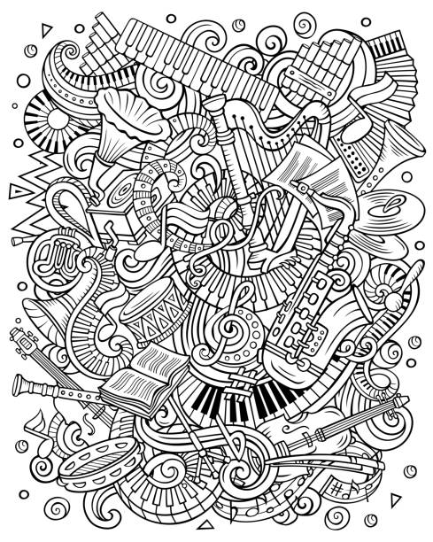 ilustraciones, imágenes clip art, dibujos animados e iconos de stock de dibujos animados vector doodles ilustración de contorno de música clásica - blues harp