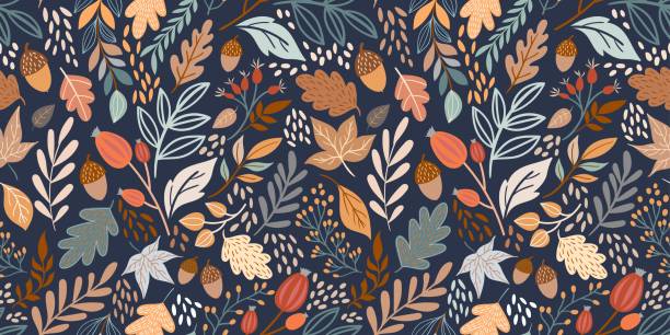 ilustraciones, imágenes clip art, dibujos animados e iconos de stock de patrón sin costuras de otoño con diferentes hojas y plantas - fall leaves
