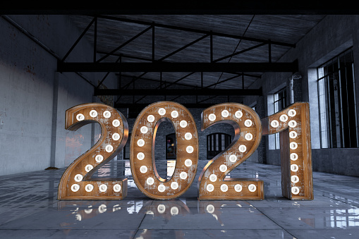 2021 Bulb Sign in Empty Warehouse. 3d Render