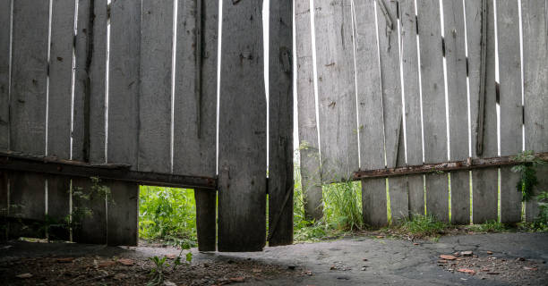 istock large building doors with broken brown wooden boards 1266593506