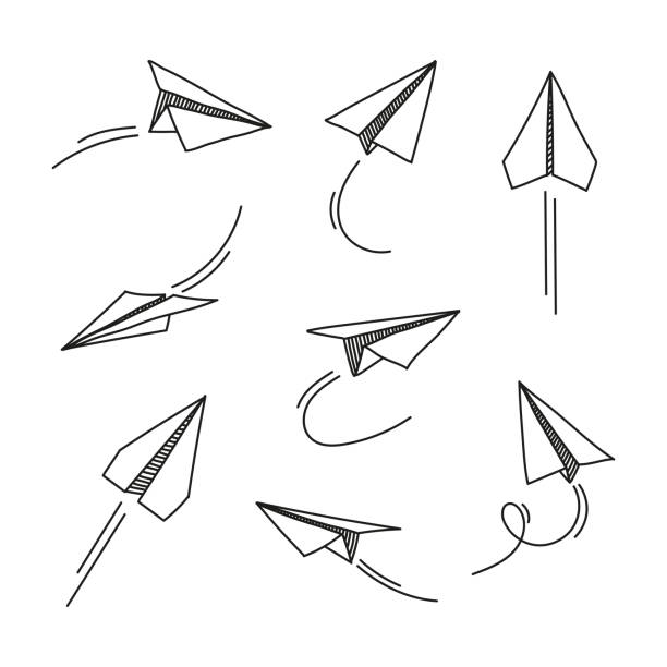 wektorowy zestaw ręcznie rysowanego papieru doodle samolotu izolowanego na białym tle. symbol ikony linii podróży i trasy. - simplicity paper airplane airplane journey stock illustrations