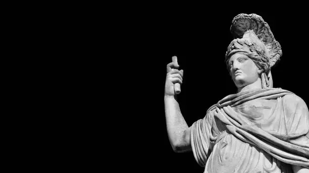 Minerva or Athena as Goddess Roma, a 19th century neoclassical old marble statue in Rome People's Square