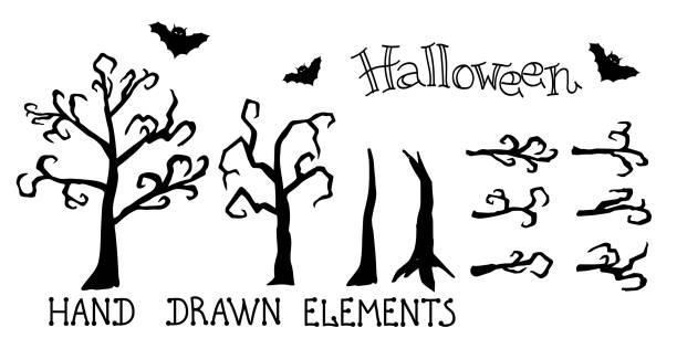 silhouetten von fledermaus, nackten baum, stämme und trockenen zweigen auf weißem hintergrund. handgezeichnetes elementdesign. vektor-illustration für halloween-party-dekor - bare tree nature backgrounds tree trunk branch stock-grafiken, -clipart, -cartoons und -symbole