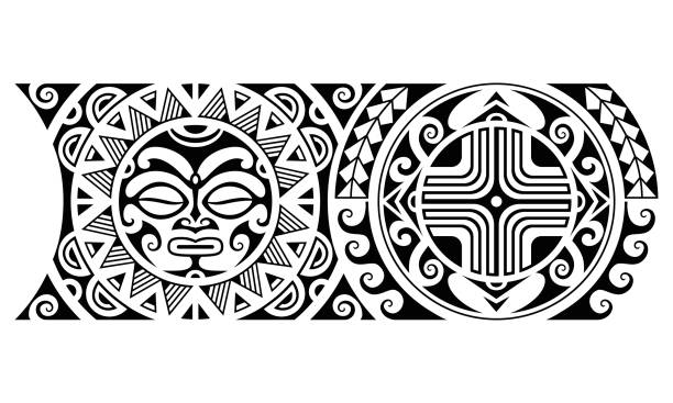 ilustrações de stock, clip art, desenhos animados e ícones de maori polynesian tattoo border tribal sleeve seamless pattern vector with sun face. samoan bracelet tattoo design fore arm or foot. - arm band illustrations