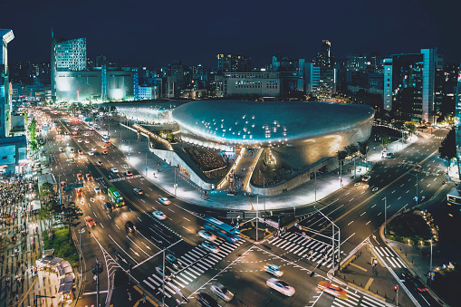 Top shot  of the Dongdaemun Design Plaza  (DDP) at night, Seoul,South Korea.