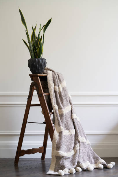istock Warm plaid hanging on decorative ladder with houseplant 1266596273
