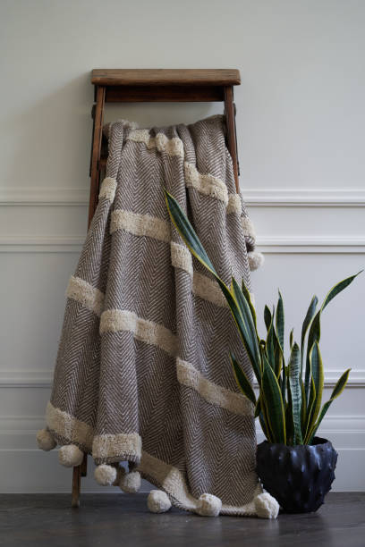istock Warm plaid hanging on decorative ladder with houseplant 1266596278
