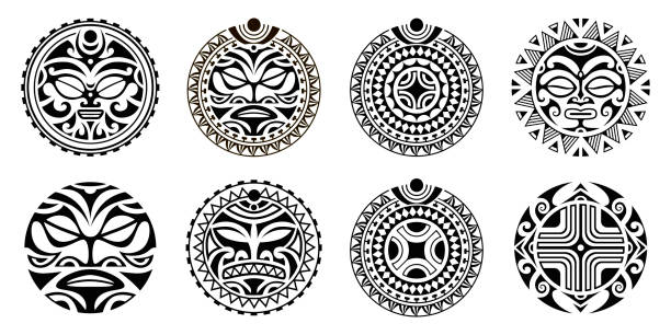 satz von runden tattoo ornament mit sonnensymbolen gesicht und hakenkreuz. - polynesian culture stock-grafiken, -clipart, -cartoons und -symbole