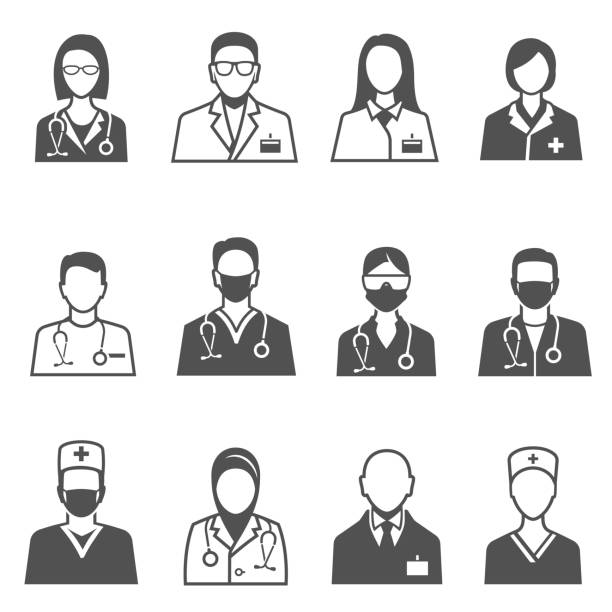Medical staff in uniform with stethoscope icons set isolated on white. Doctor, physician. Medical staff in uniform with stethoscope line and bold black silhouette icons set isolated on white. Doctor, physician pictograms collection. Hospital nurse vector elements for infographic, web. dermatologist stock illustrations