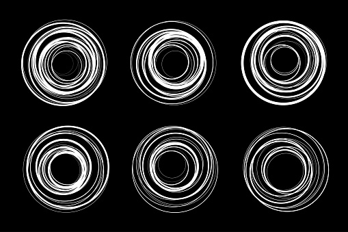 White circle spiral frame set. Scribble line rounds. Doodle circular logo design elements. Insignia emblem collection. Vector illustration set.