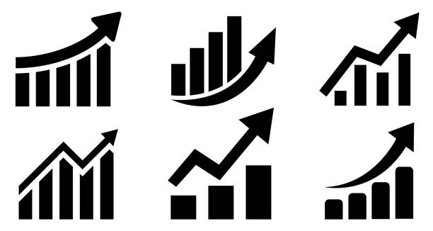 ustaw ikonę diagramu wykresu, wykres sukcesu wzrostu biznesu ze strzałką, znak słupkowy biznesu, symbol wzrostu zysków, symbol paska postępu, rosnące ikony wykresu, zbieranie wykresów wzrostów - wektor giełdowy - chart business finance graph stock illustrations