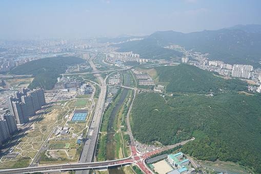 High angle aerial view of MTR Pat Heung Maintenance centre depot with train lines