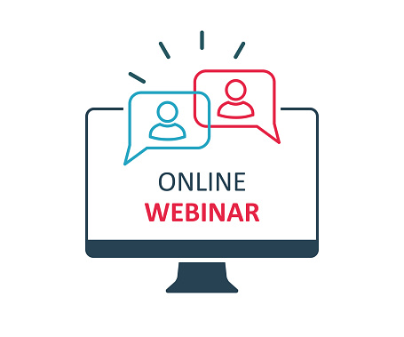 Online webinar communication, internet web conference, distance education, online course, video lecture, work from home icon with people icon - stock vector