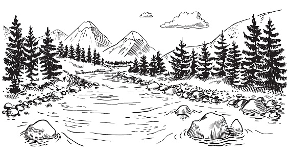 Vector illustration of nature. landscape with mountains, meadows and forest. Illustration of tourism and recreation in the wild. hand-drawn sketch, black and white graphics