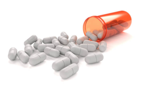 pillole e pillole bottiglia 3d rendering - drug abuse narcotic medicine protection foto e immagini stock